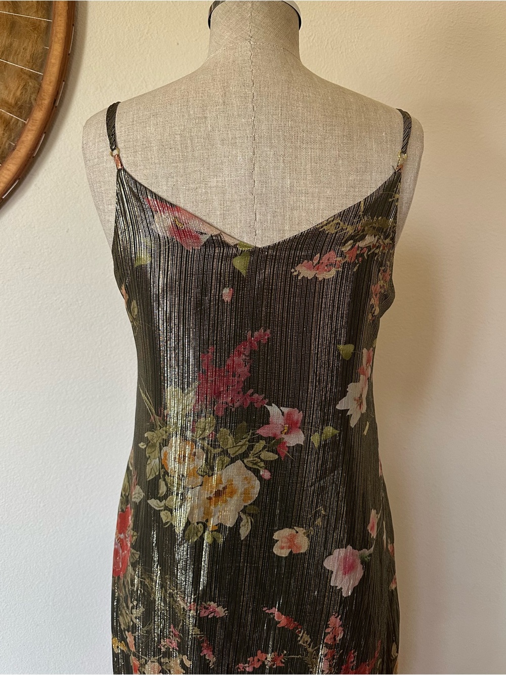 Warm Metallic Gold Floral Shift Dress Silk Made USA Designer Woman's 1 - Picture 5 of 10